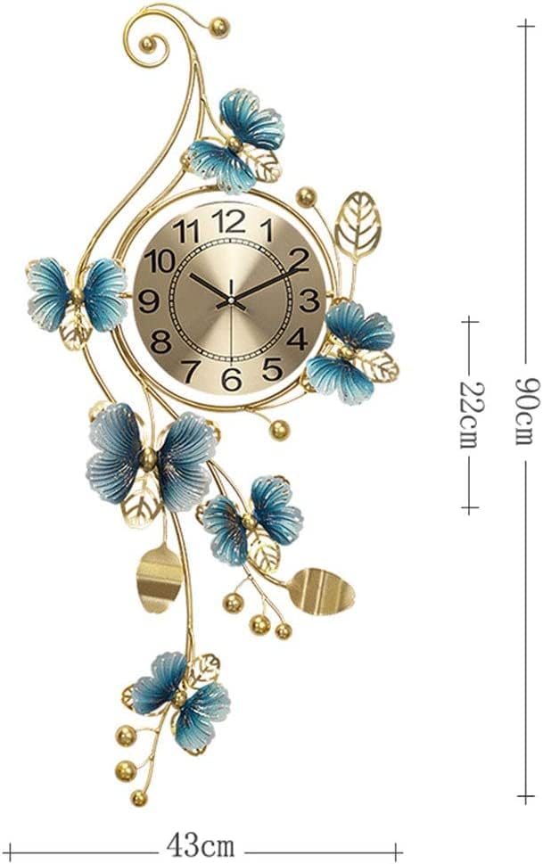 Decorative wall clock with butterfly designs and measurements on a white background