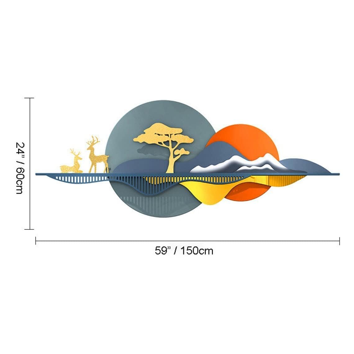 Decorative wall art with landscape design, deer, tree, and sun, shown with dimensions on a white background.