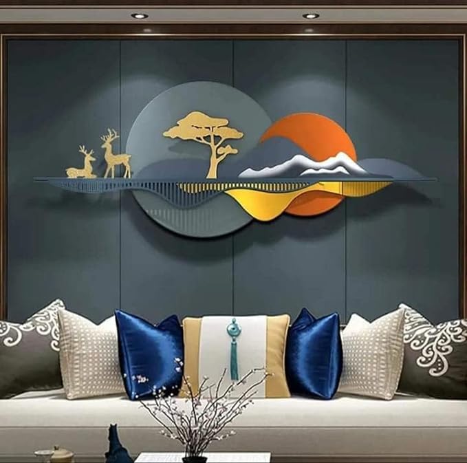 Decorative wall art with animals and landscape on a dark wall above a sofa with patterned cushions.