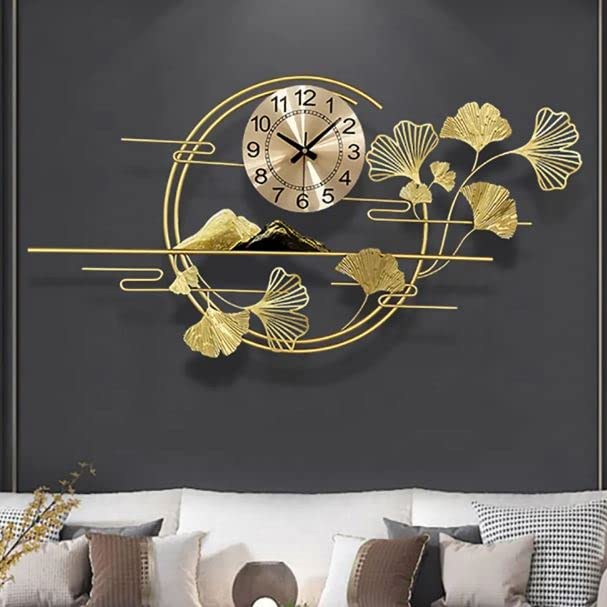 Decorative wall clock with floral design on a dark wall above a sofa.