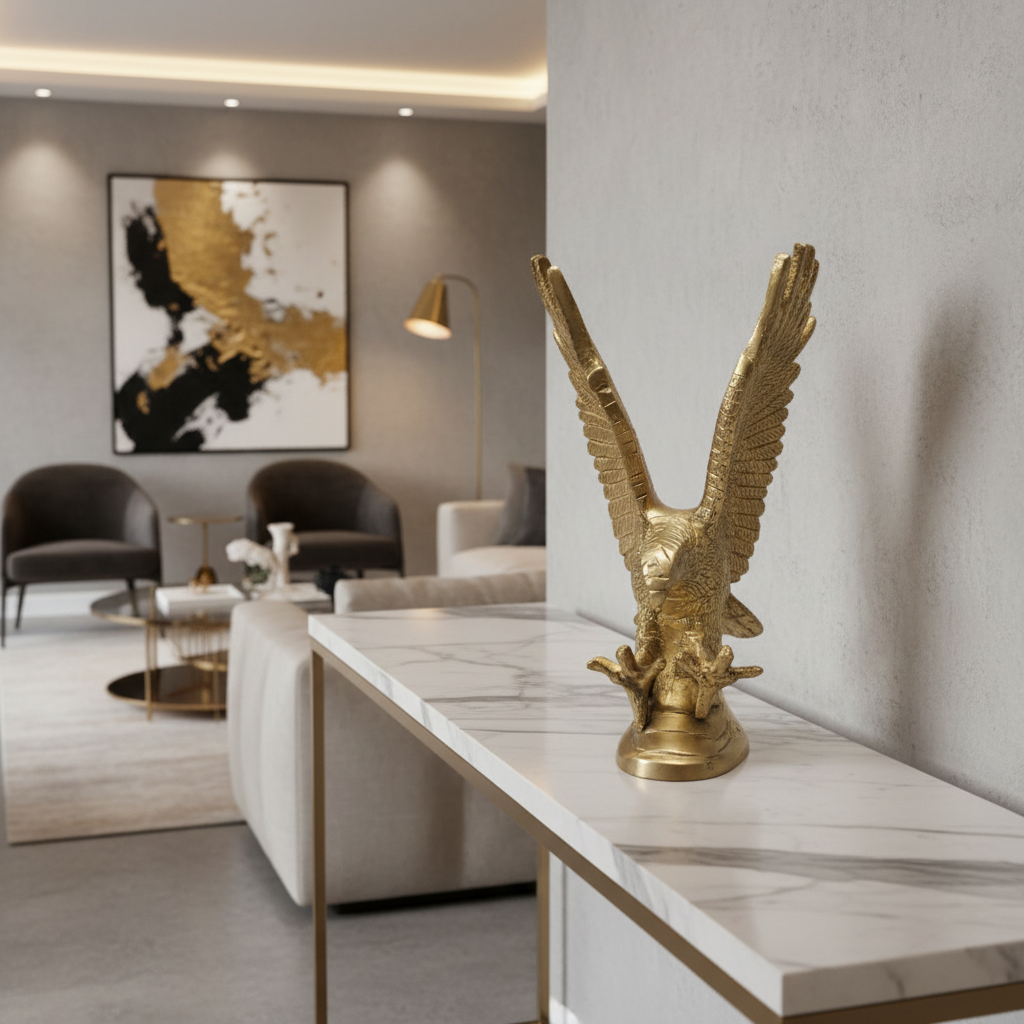 Gold eagle statue on a marble table in a modern living room.