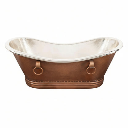 Metallic bathtub with brown leather-like exterior on a white background