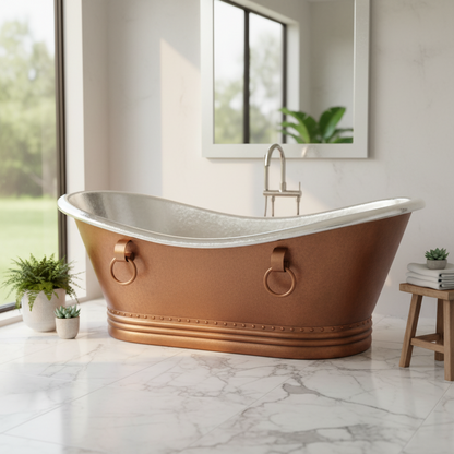 Copper bathtub in a modern bathroom with marble floor and large window