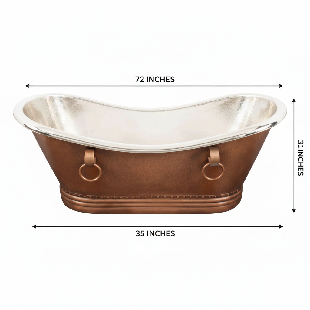 Copper bathtub with dimensions labeled on a white background