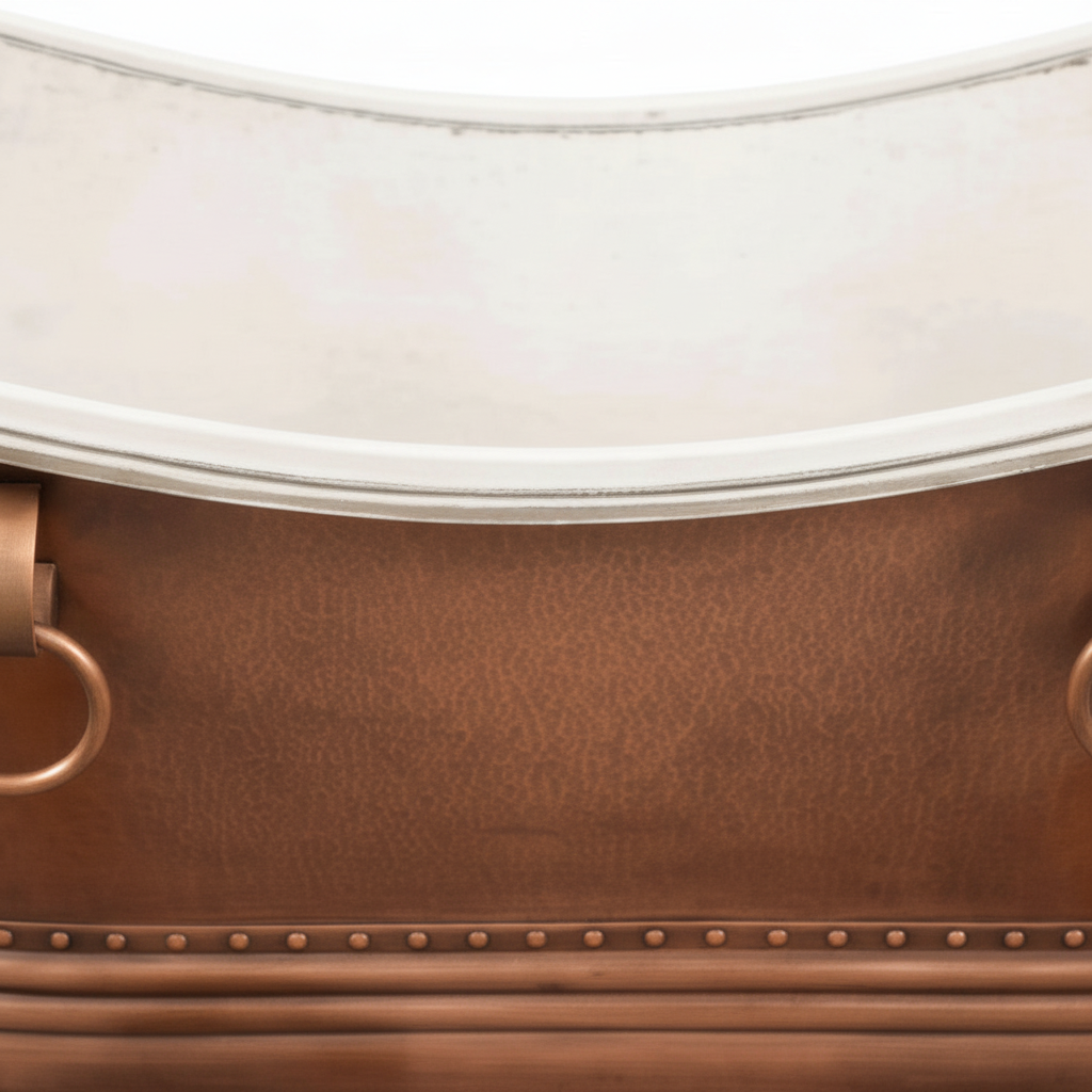 Close-up of a brown leather suitcase with a white top and gold handle.