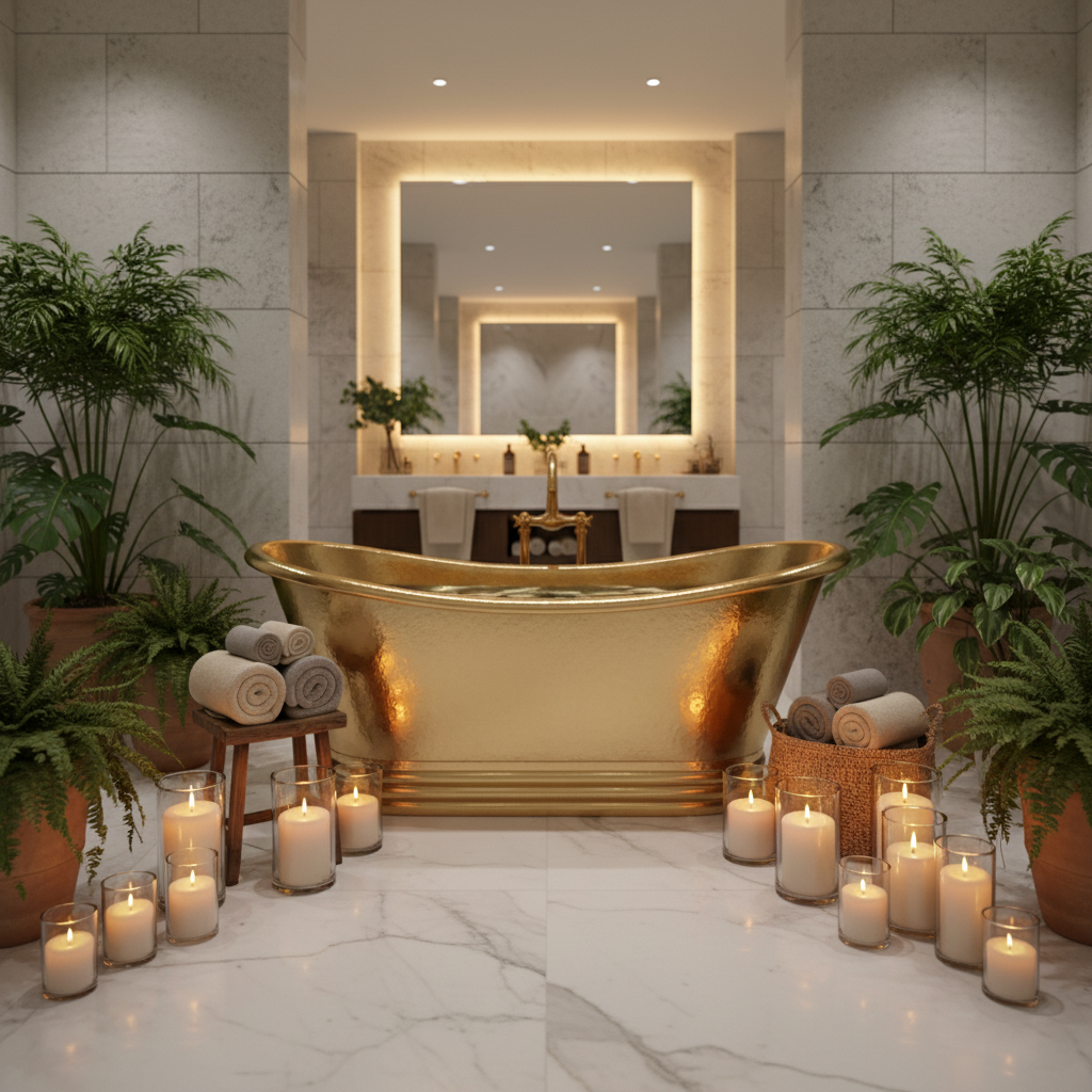 Luxurious bathroom with a gold bathtub, candles, and plants.