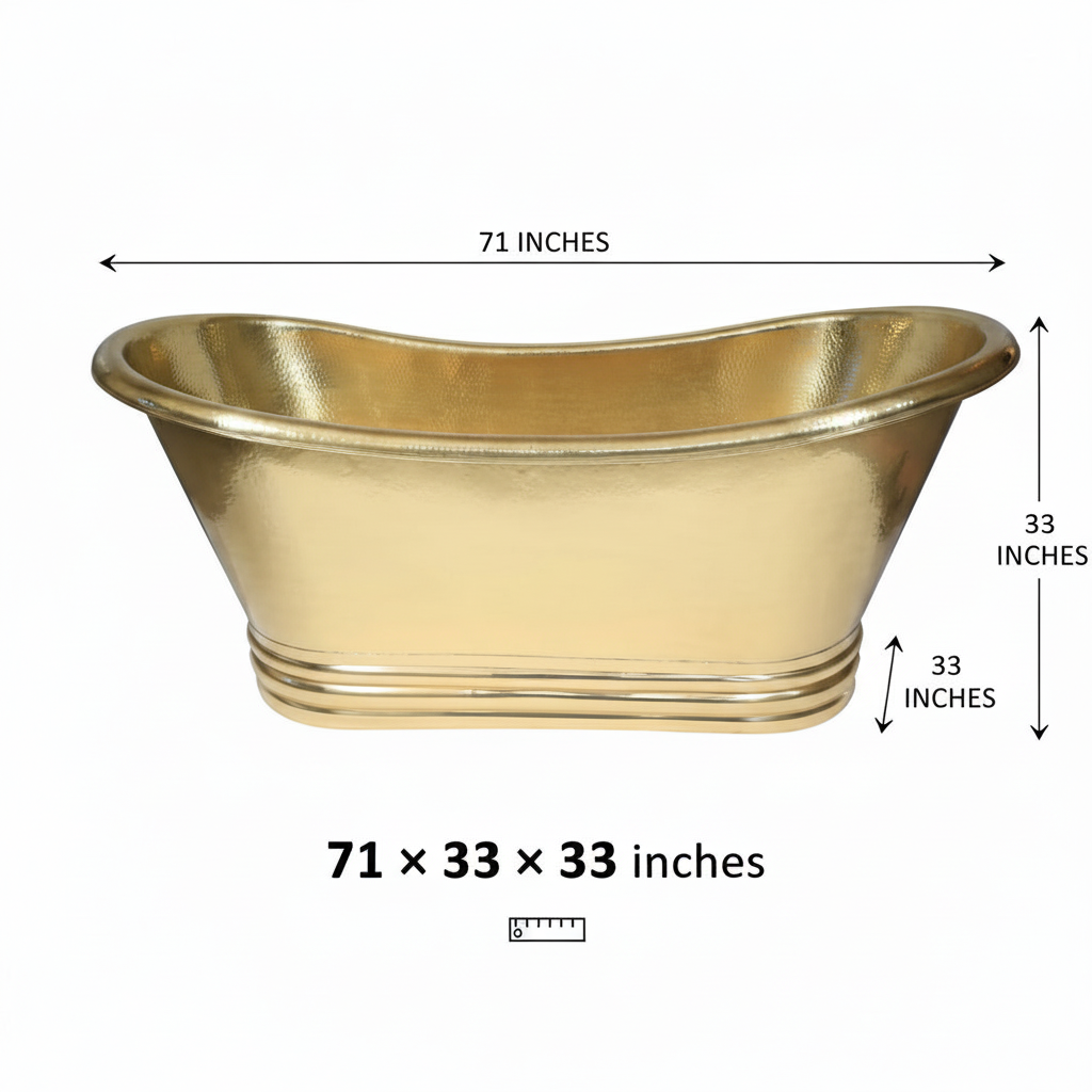 Gold bathtub with dimensions labeled on a white background