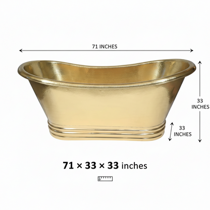 Gold bathtub with dimensions labeled on a white background