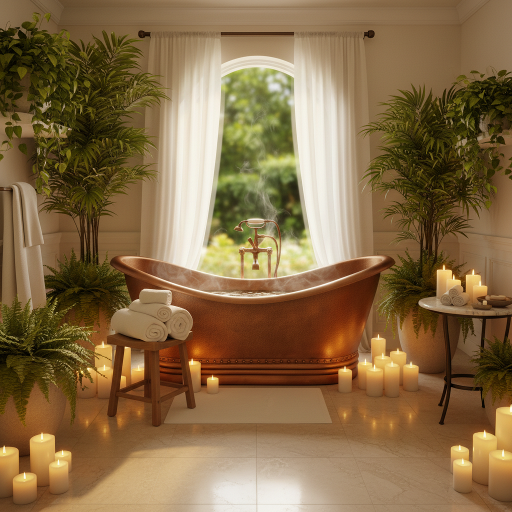 Relaxing bathroom scene with a copper bathtub, candles, and plants.