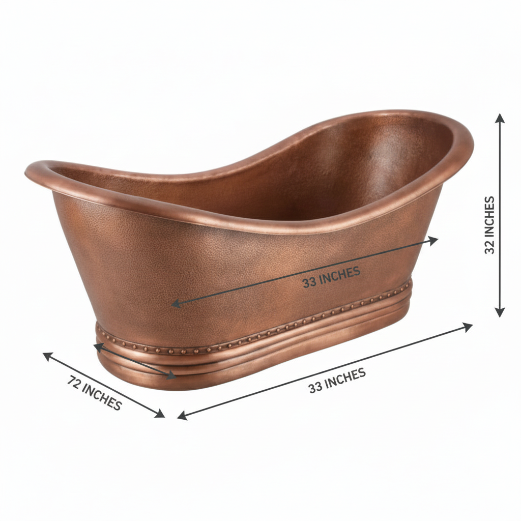 Copper bathtub with dimensions labeled on a white background