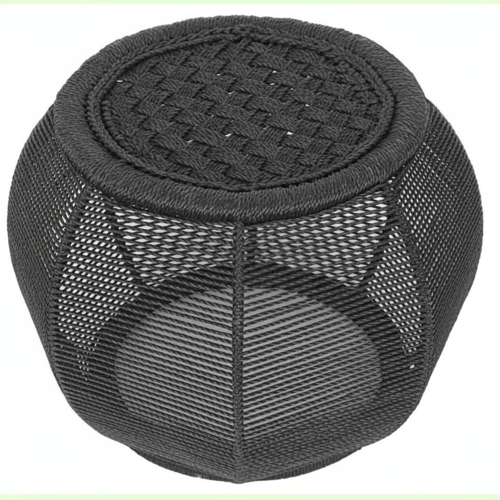 Black woven cube on a white background