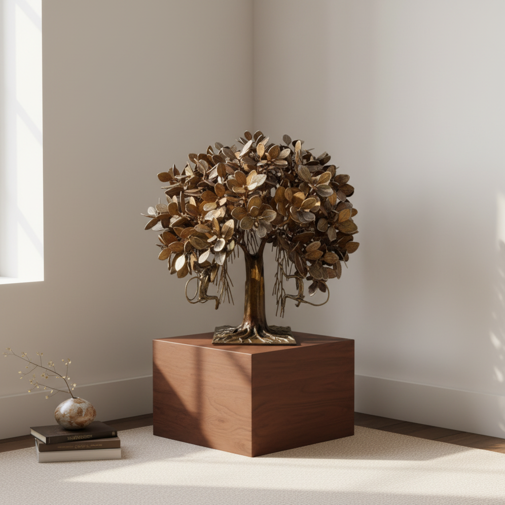 Bronze tree sculpture on a wooden base in a minimalistic room.