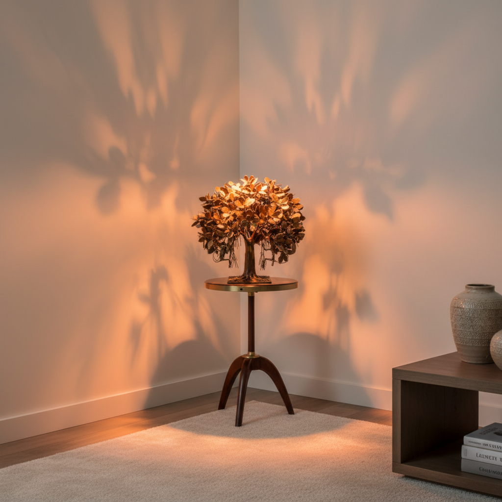 Decorative lamp casting shadows on a wall in a room setting