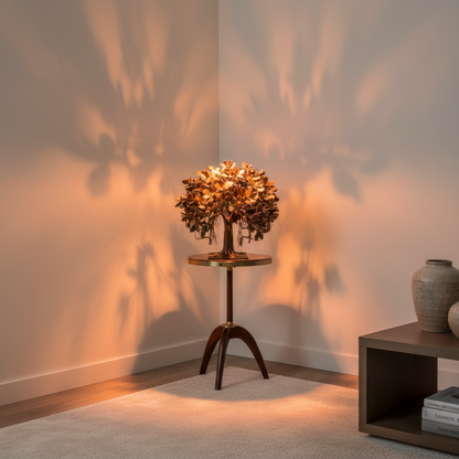 Decorative lamp casting shadows on a wall in a room setting