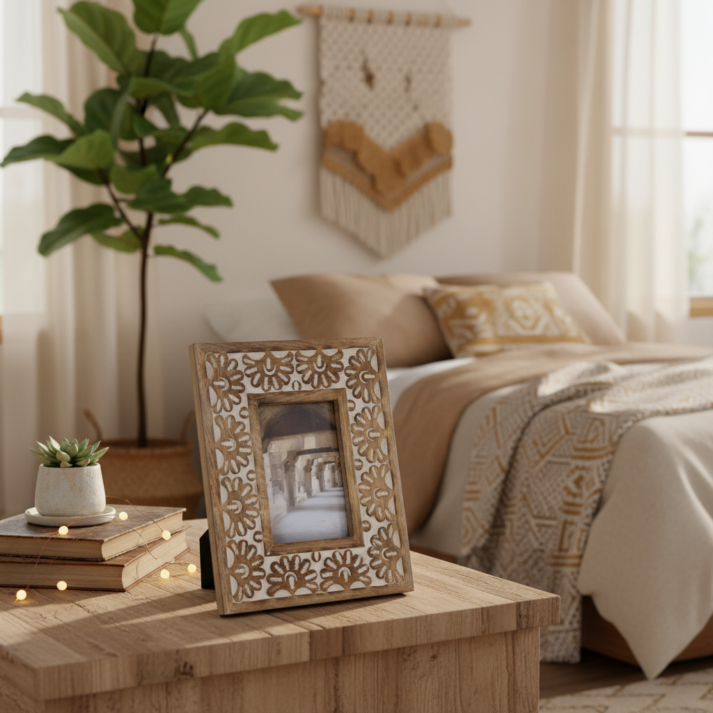 Decorative photo frame on a wooden table in a cozy bedroom with a bed and plant.