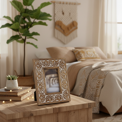 Decorative photo frame on a wooden table in a cozy bedroom with a bed and plant.