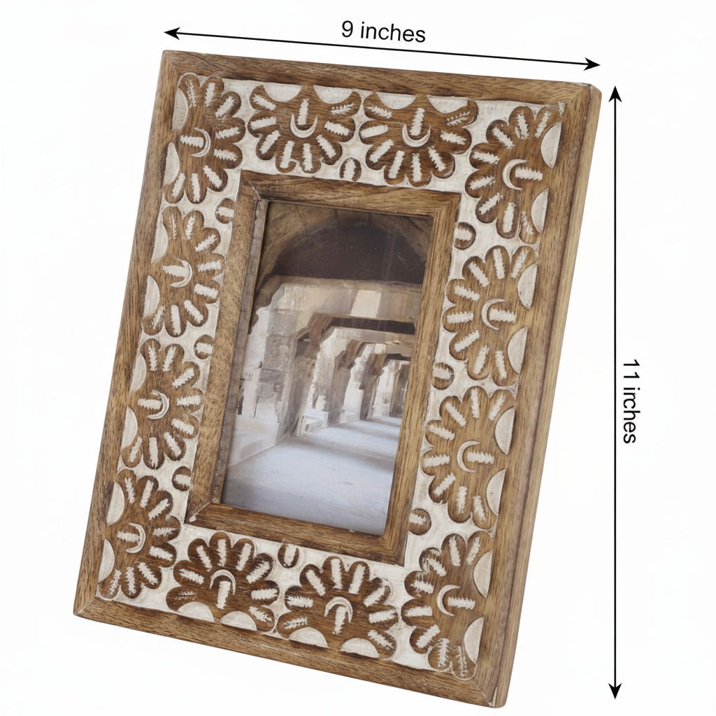 Decorative wooden photo frame with floral patterns and measurements on a white background