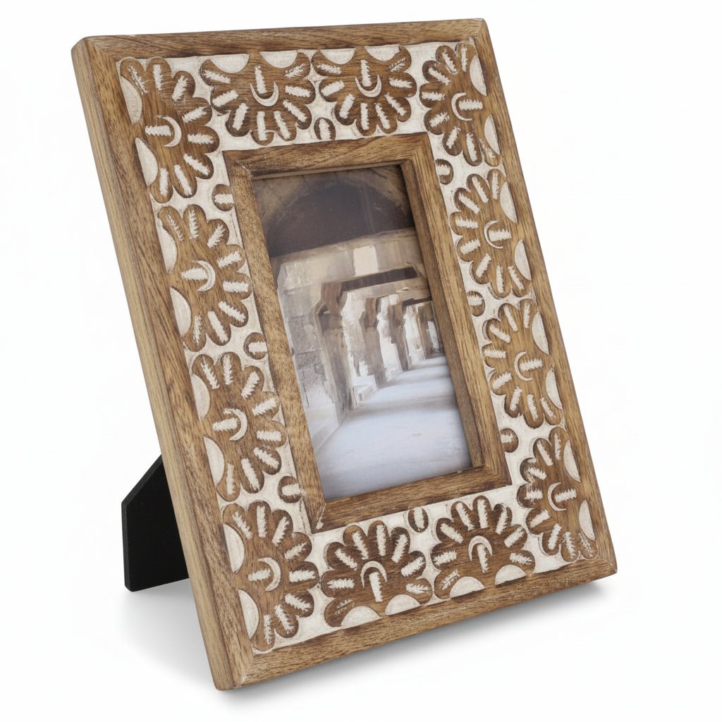 Wooden photo frame with floral patterns on a white background