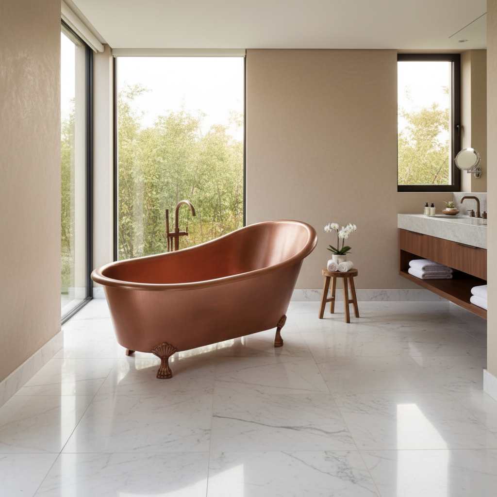 Modern bathroom with a copper bathtub, sink, and large windows.