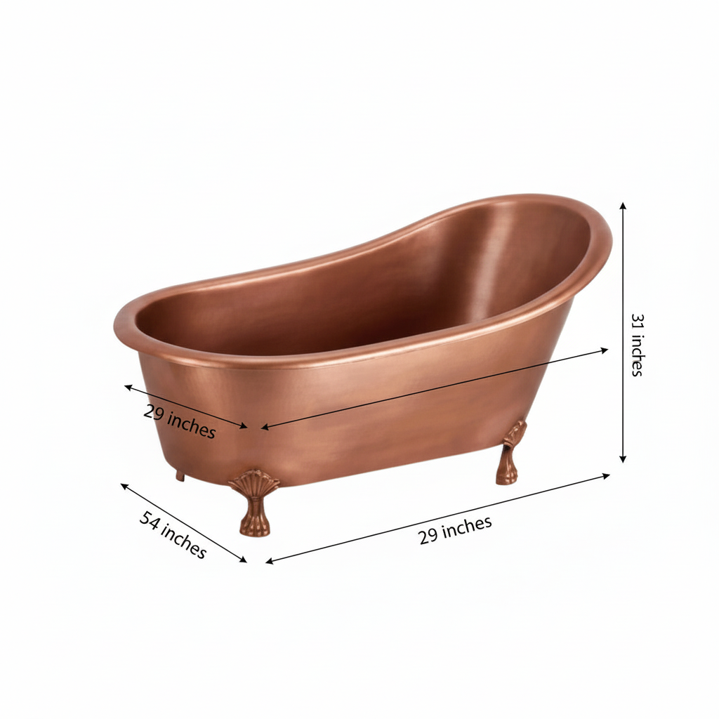 Copper bathtub with dimensions labeled on a white background