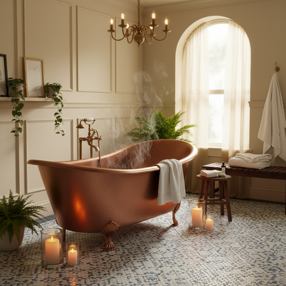Steaming copper bathtub in a luxurious bathroom with candles and plants.