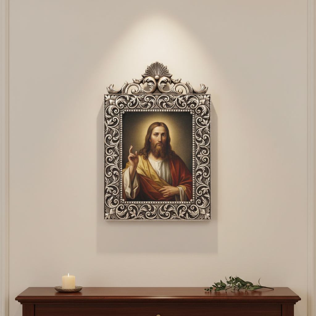 14 Inch German Silver Religious Photo Frame - Brass Decors