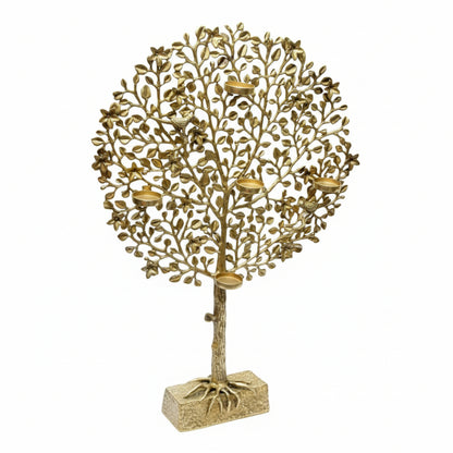 Decorative gold tree with candle holders on a white background