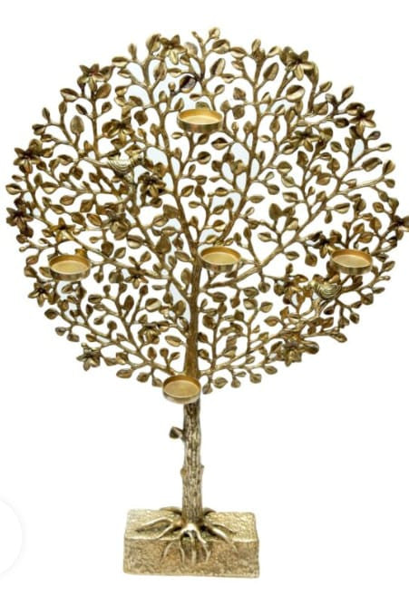 Yellow Brass Tree with Candle Stand – Decorative Brass Leaf Hanging (17 × 11 × 7 cm, 2 KG)