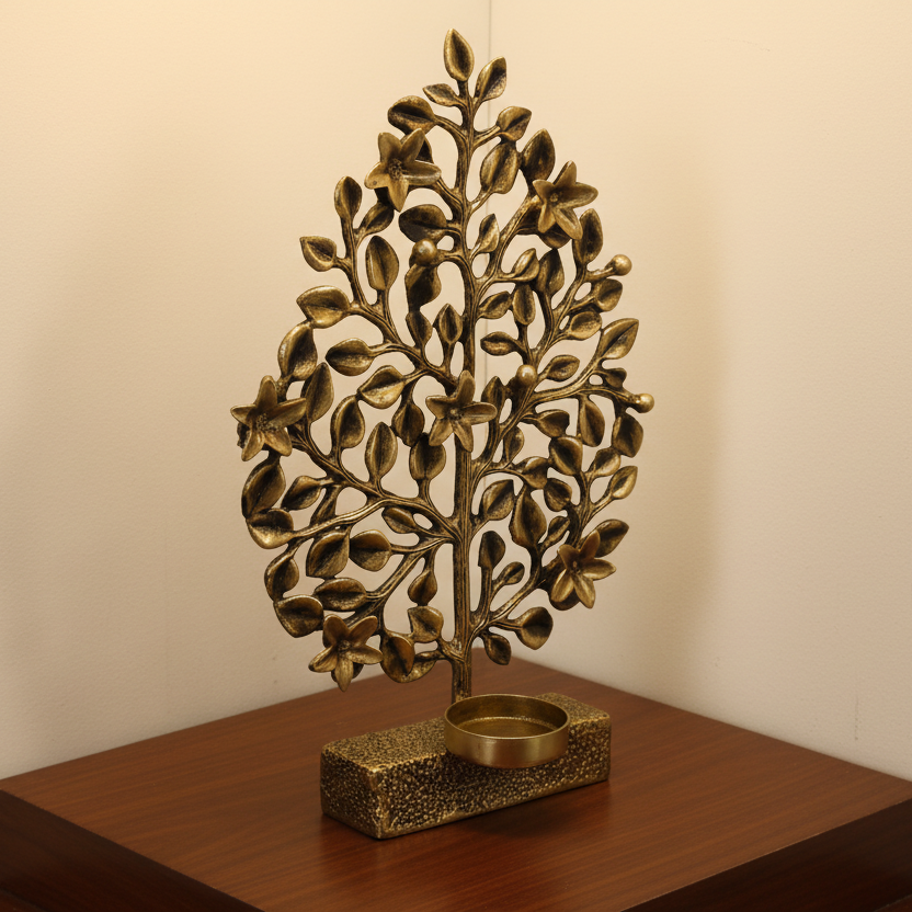 Bronze tree-shaped candle holder on a wooden surface with a plain background