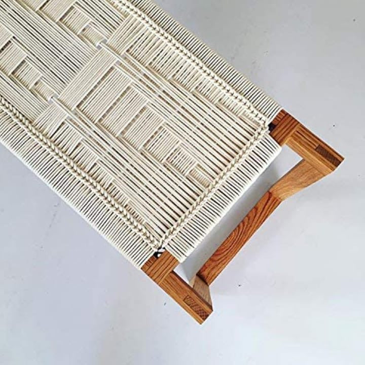 Handcrafted Wooden Bench with Natural Rope – White