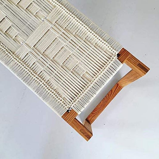 Handcrafted Wooden Bench with Natural Rope – White
