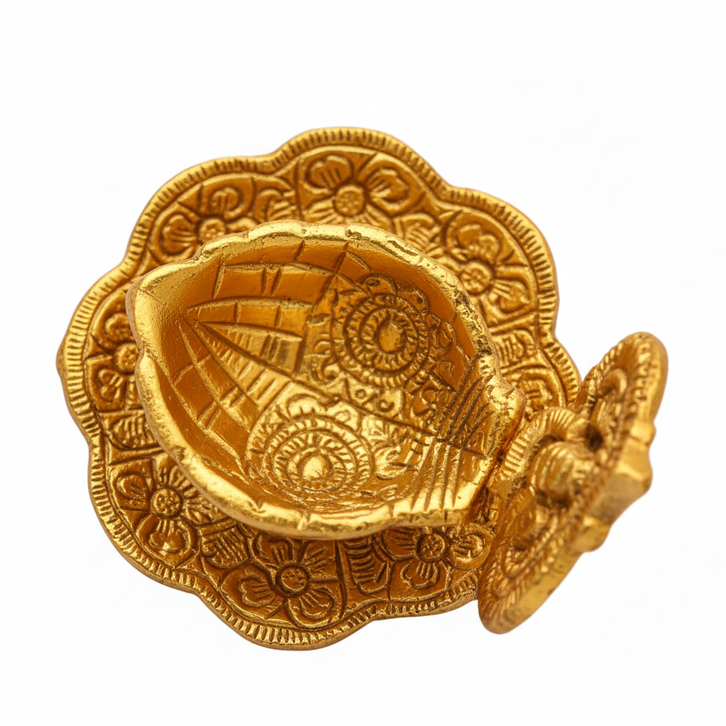 Gold decorative item with intricate patterns on a white background