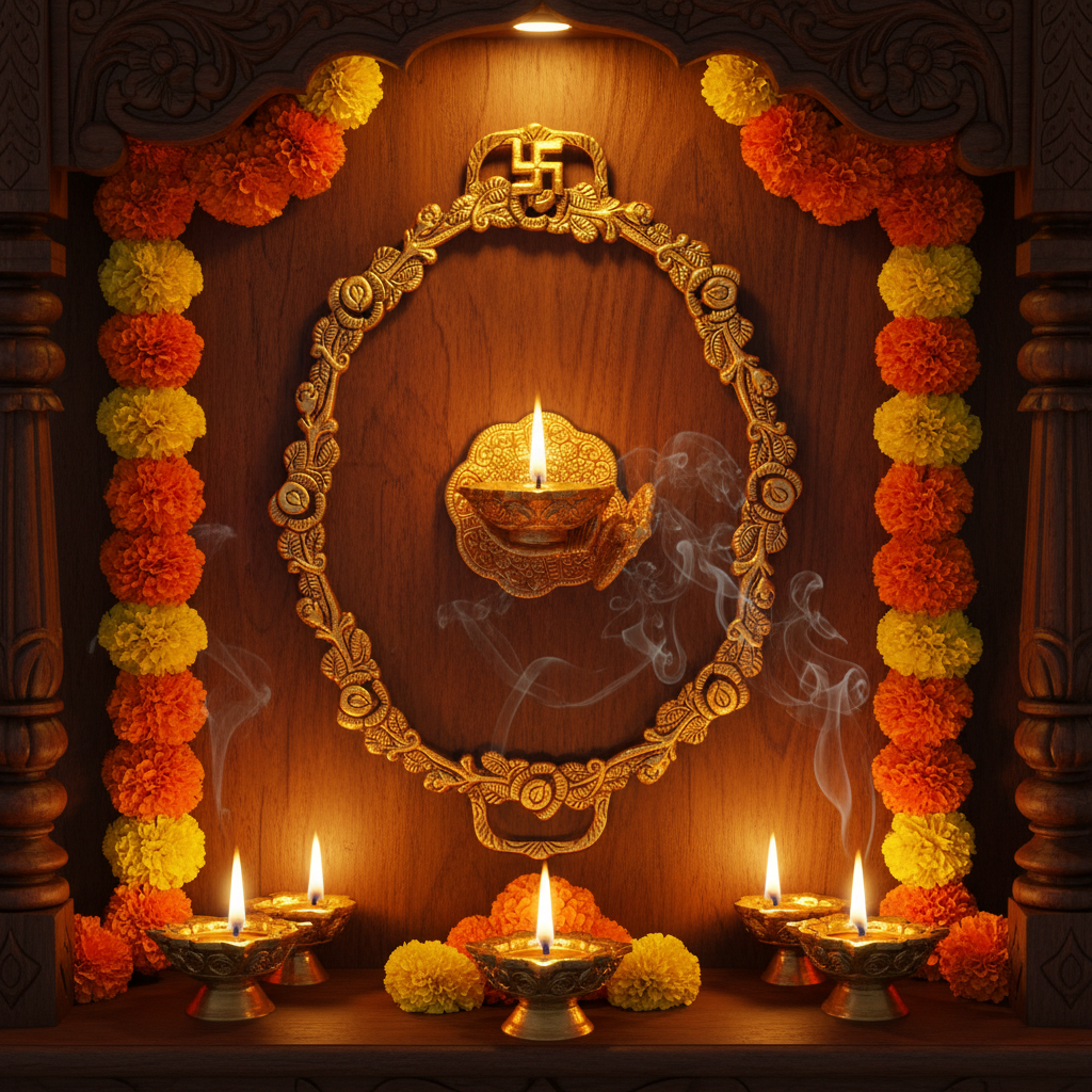 Decorative setup with lit candles and flowers on a wooden background