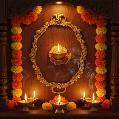 Decorative setup with lit candles and flowers on a wooden background