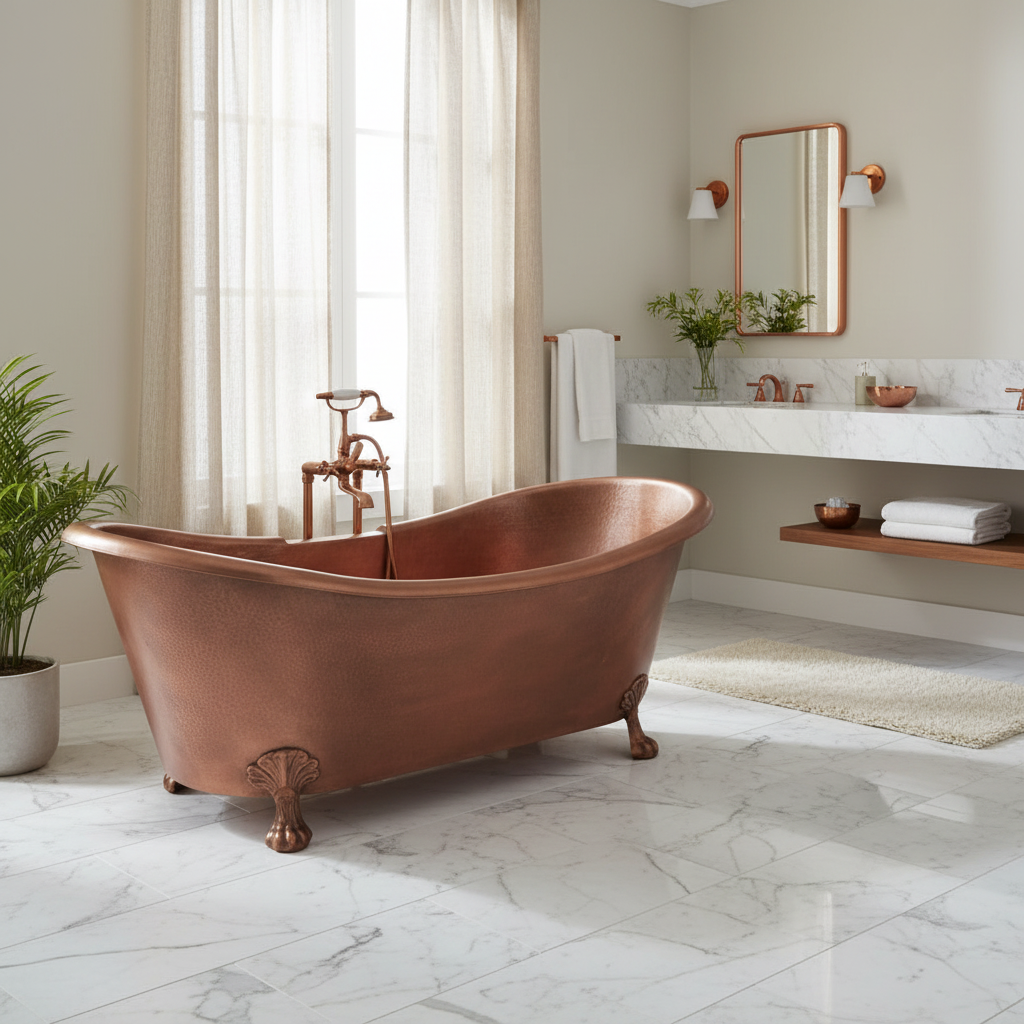 Copper bathtub in a modern bathroom with marble floor and neutral decor