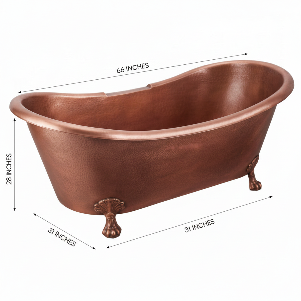 Copper bathtub with dimensions on a white background