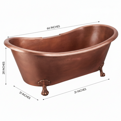 Copper bathtub with dimensions on a white background