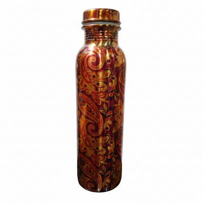 Decorative copper water bottle with paisley pattern on a white background