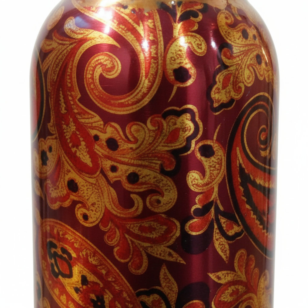 Decorative bottle with intricate paisley pattern in gold and red on a white background