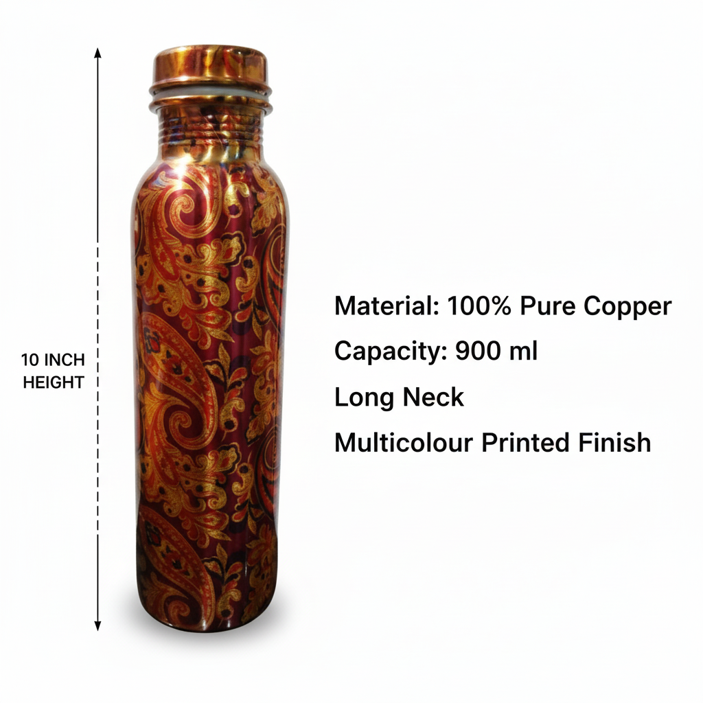 Copper water bottle with paisley design, dimensions, and material details on a white background