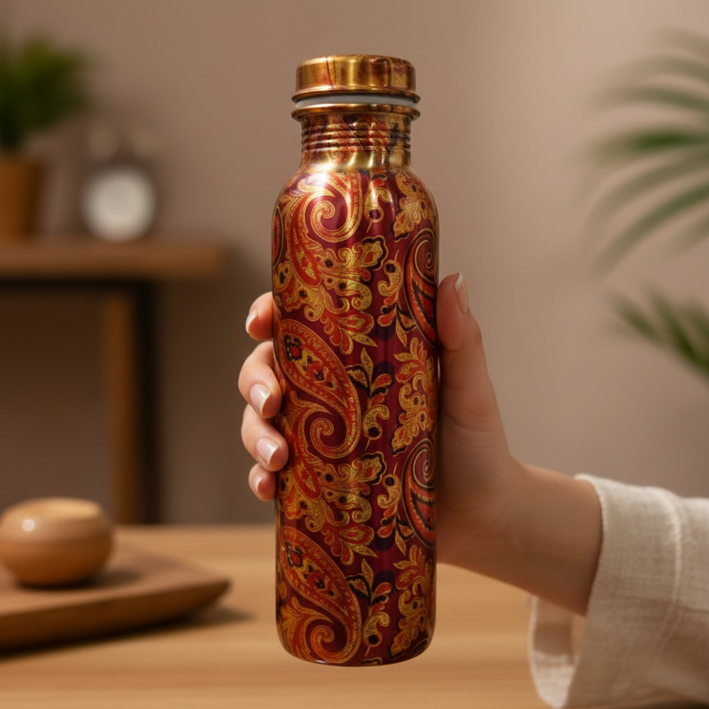 Decorative water bottle with paisley pattern held by a hand on a wooden surface.