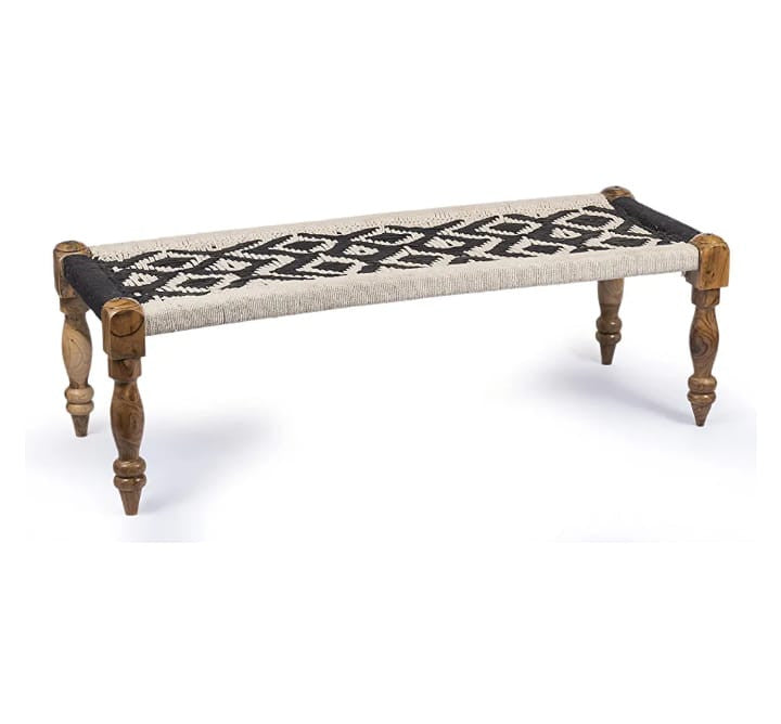 Handcrafted Wooden Rope Bench Set with 2 Stools – Black & White