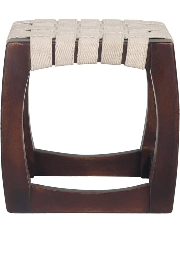 Handcrafted Wooden Mini Stool with Cotton Straps – Brown & Cream