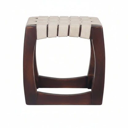 Wooden stool with woven seat on a white background