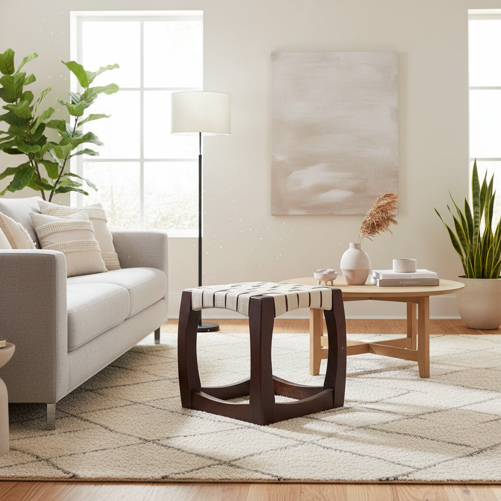 Modern living room with a sofa, coffee table, and decorative items.