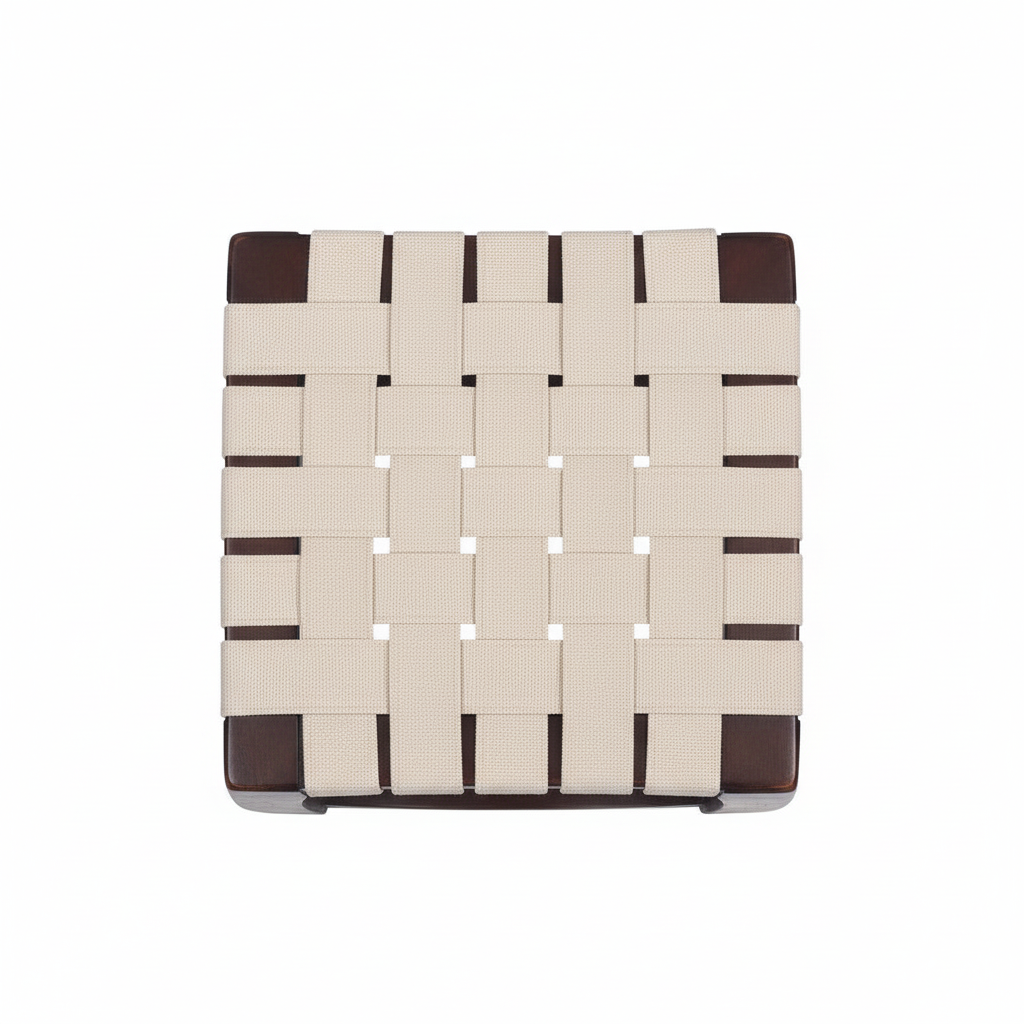 Woven seat pad with brown and beige pattern on a white background