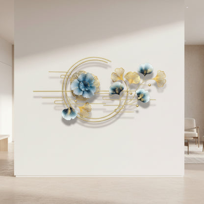 Decorative wall art with blue and gold floral elements on a dark background