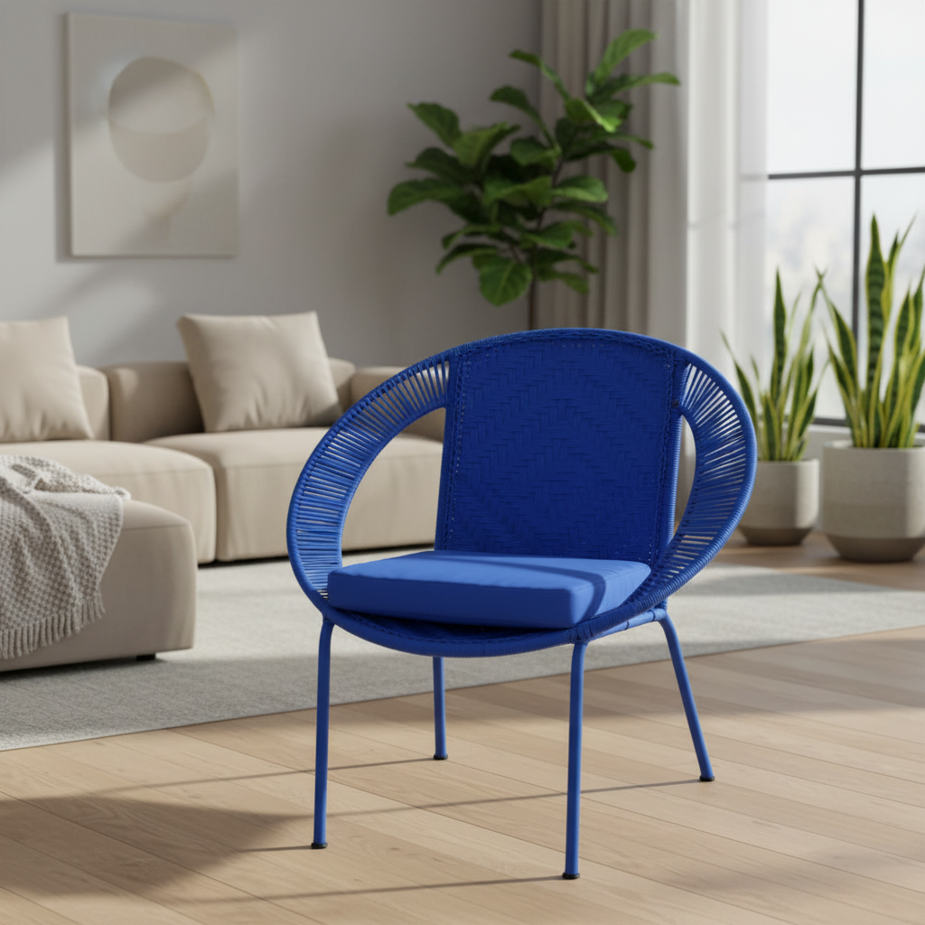 Blue chair in a modern living room with a beige sofa and plants.