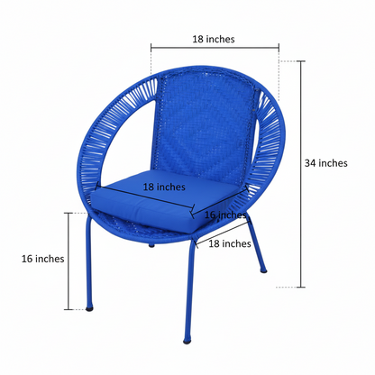Blue chair with dimensions marked on a white background