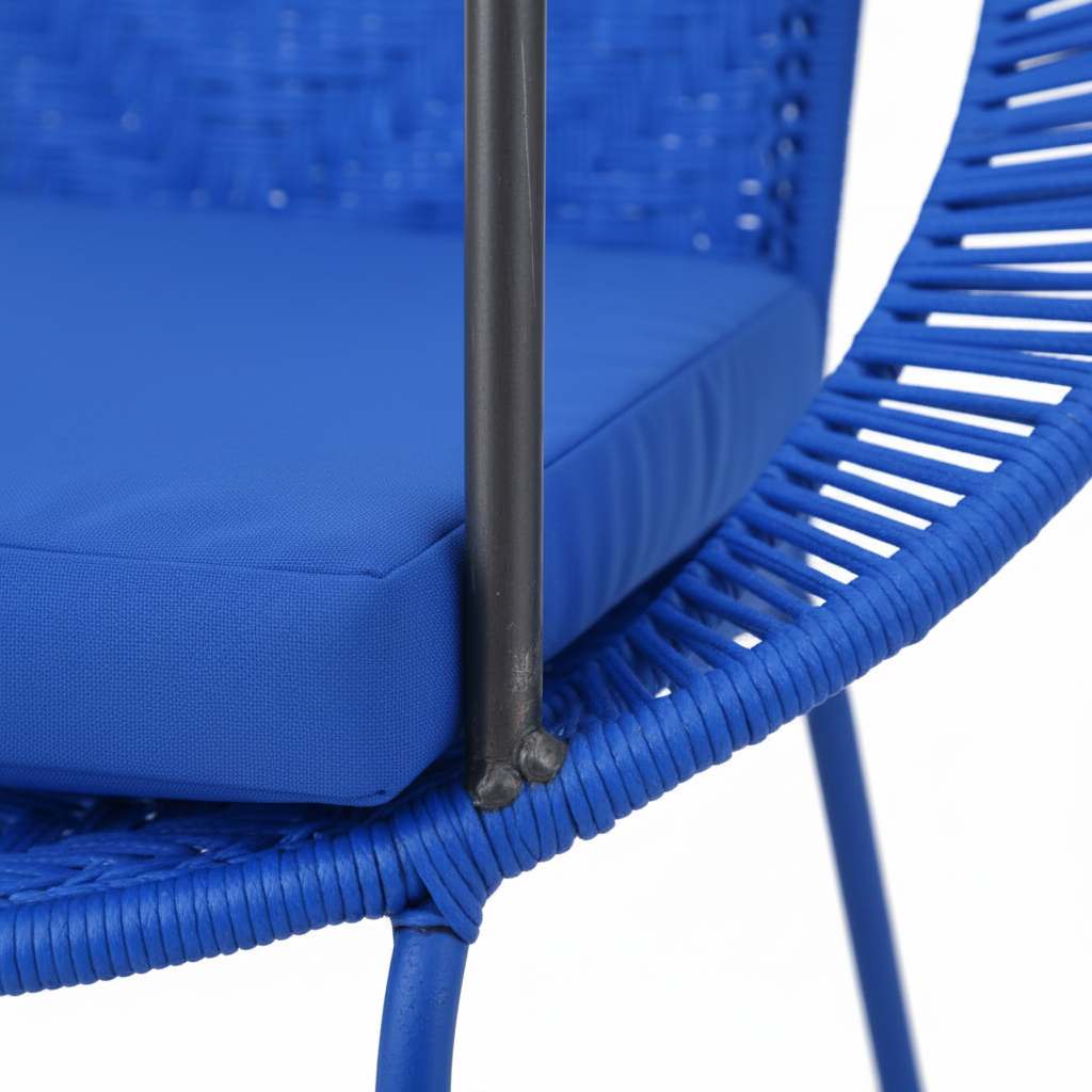 Close-up of a blue wicker chair with cushioned seat on a white background